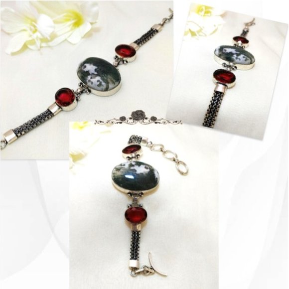 Moss Agate Garnet (br17) Bracelet Green Red Natural Gems 925 Silver Toggle 7"-8" - Picture 6 of 11